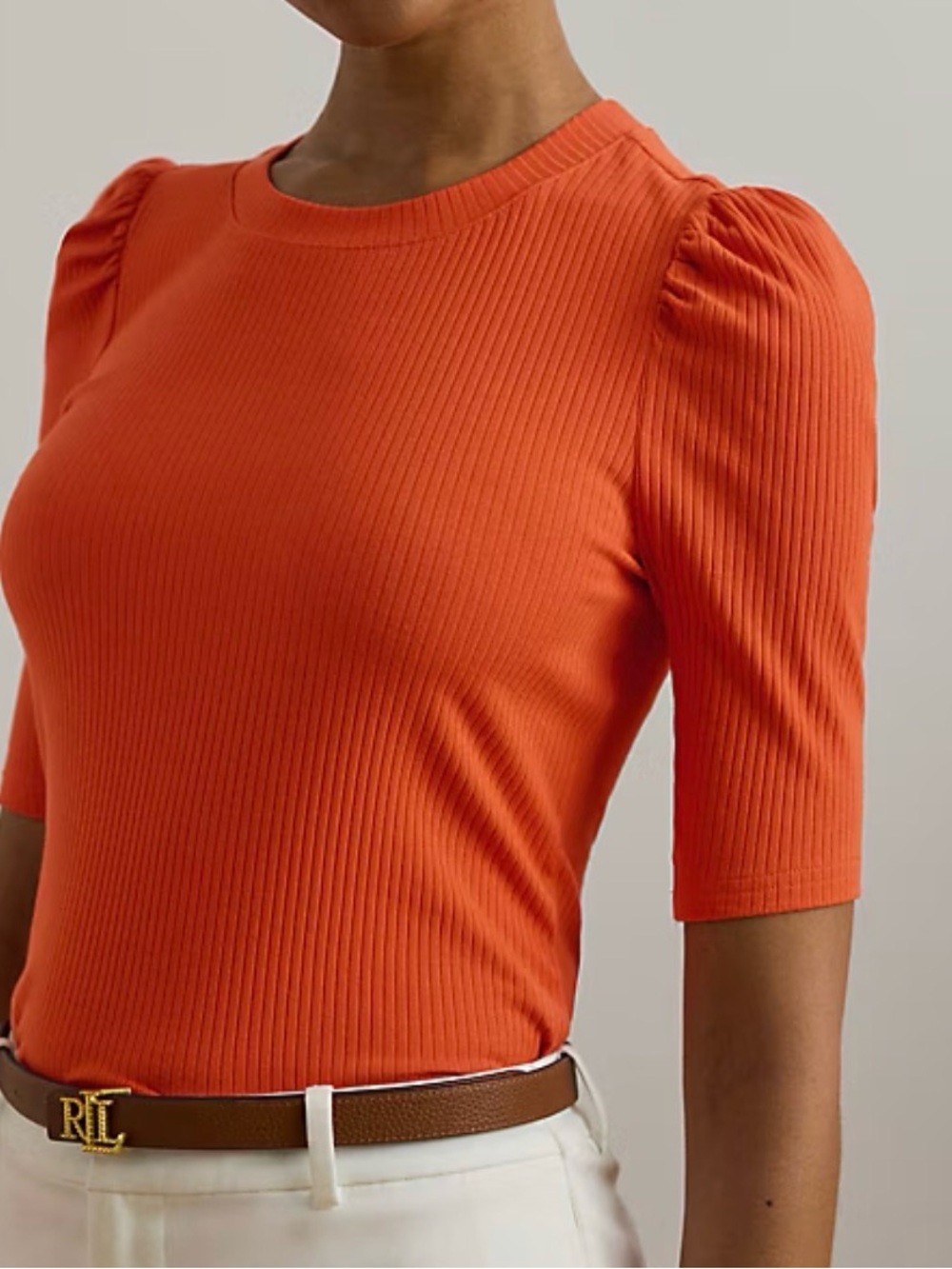 Women Ralph Lauren Orange soft Rib-Knit Puff-Sleeve Tee casual bold tangerine